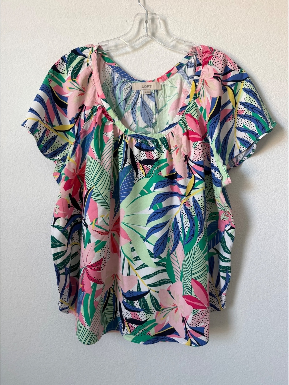 LOFT Short Sleeve Scoop Neck Colorful Tropical Floral Blouse Women's Size XL